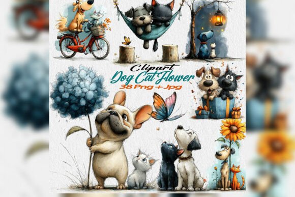 Download Whimsical Dog Cat Flower Clipart PNG Set - Png set Collection